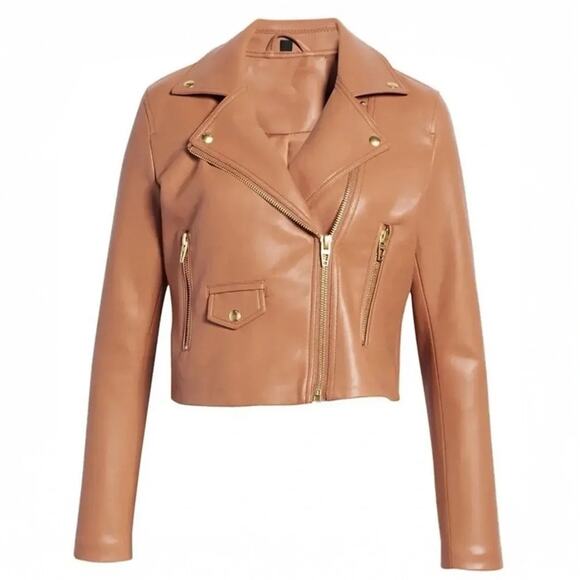 Blank NYC Moto Vegan Faux Leather Biker Motorcycle Jacket Camel Tan Size Medium - Picture 2 of 12
